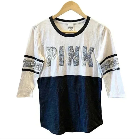 PINK Victoria’s Secret Sequin Top 3/4 Sleeve Baseball Tee White Black  Size XS - Picture 3 of 16